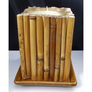 Bamboo Pillar Candle Wrapped Made In Mexico Ceramic Square Holder 6.5" Tall